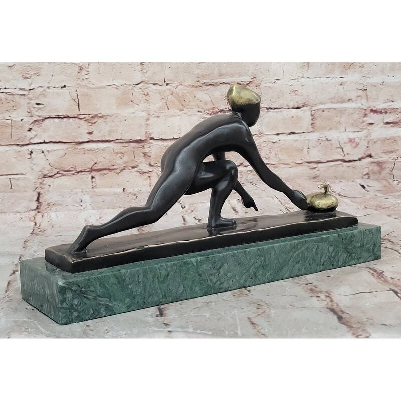 Bronze Curling Player Sculpture – Sports Themed Artwork On Marble Base