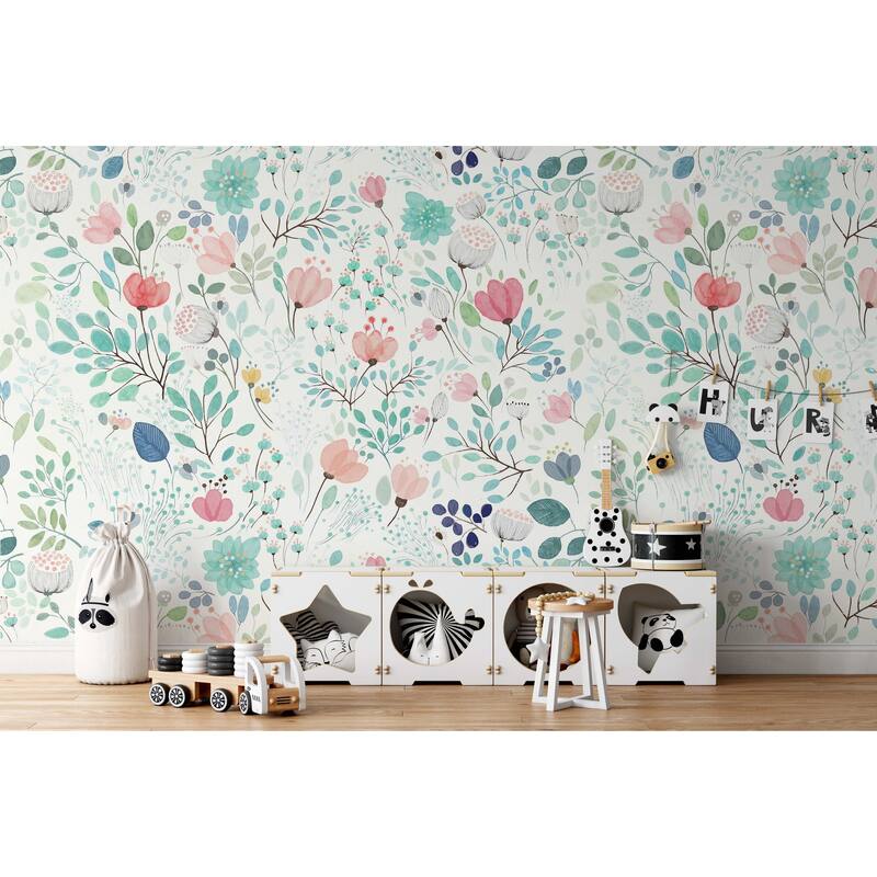 GK Wall Design Colorful Puppy Flowers with White Background Removable Wallpaper