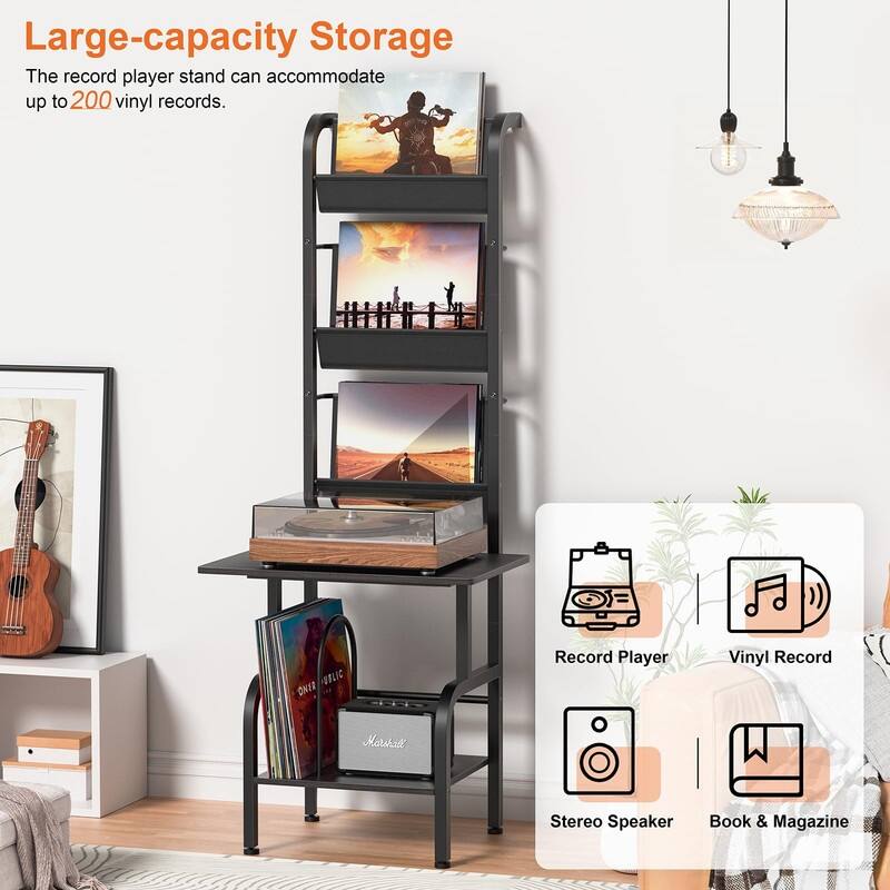 Tall Record Player Stand with Vinyl Storage - 19.7 x 15.35 x 56.7 inches