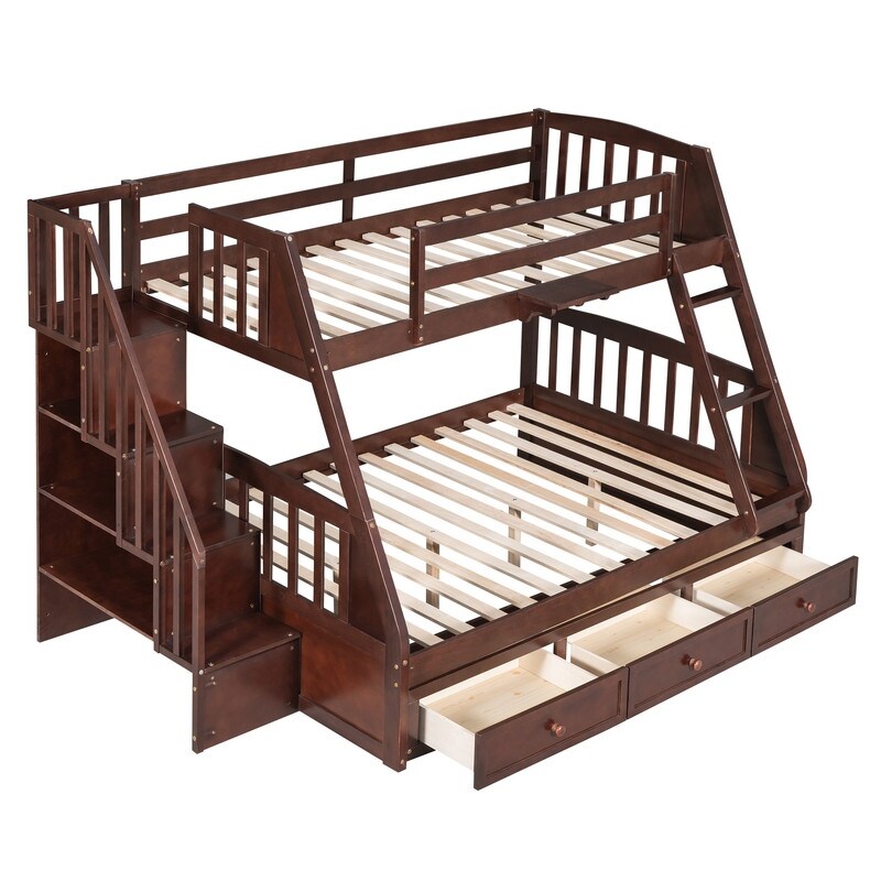 Twin Over Full Bunk Bed with Stairs and Storage Drawers Ladder White