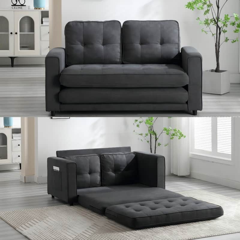 Modern Convertible Velvet Loveseat Sofa Sleeper Sofa Bed with 2 Pillows - Dark grey
