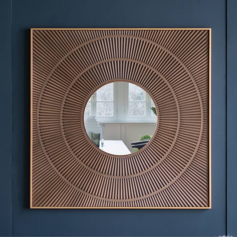 Square Carved Mirror with Pleated Design with Gold Iron Frame - Brown