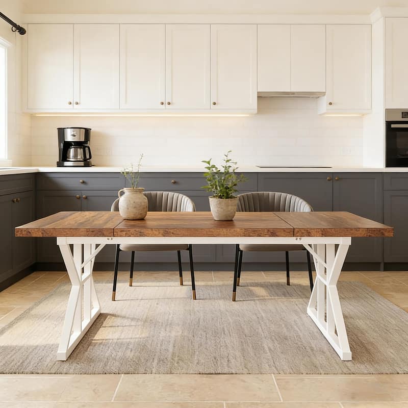 Dining Table for 6, Wood Kitchen Table with Trestle Base, Kitchen Table Meeting Table with X-shaped Accents