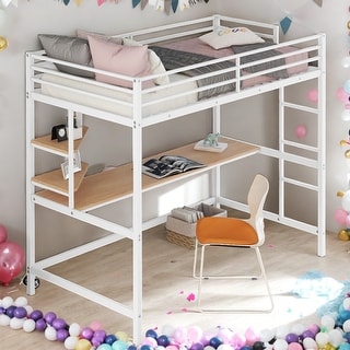 Twin Size Loft Bed With Desk and Shelve,Solid Construction