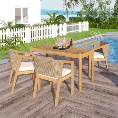 5 Pieces Acacia Wood Patio Dining Set, Wood Dining Furniture Set with Square Patio Table and 4 Chairs with Cushion