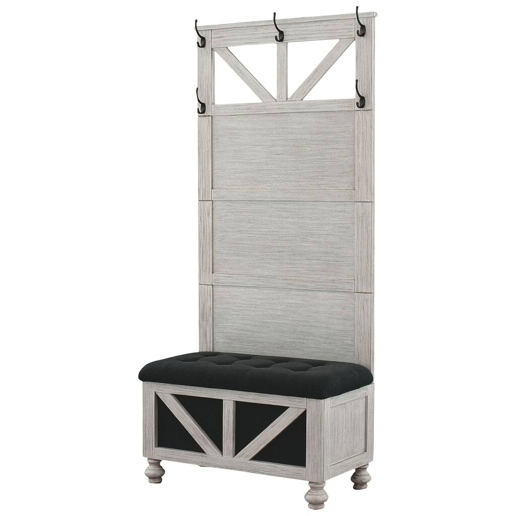 Wooden Hall Tree with Storage Bench and 5 Metal Hanging Hooks,Antique White