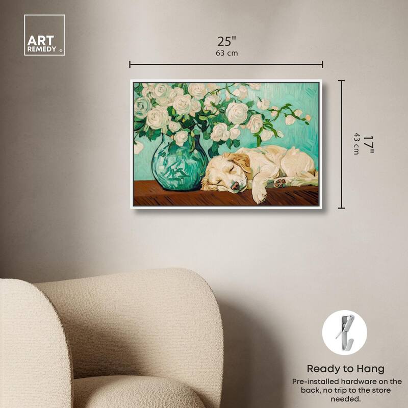 Rose Vase Puppy Canvas by Art Remedy