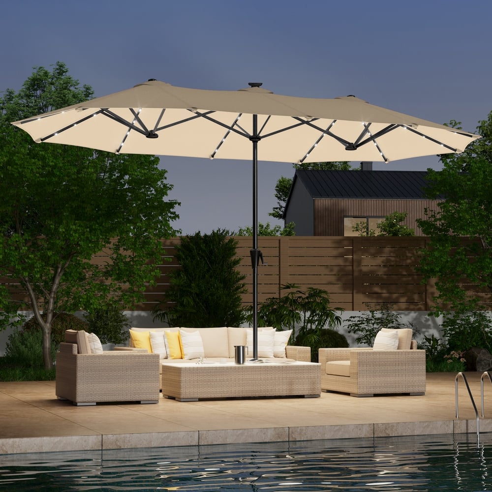 LIVOOSUN 13 x 7.2ft Large LED Double-Sided Rectangular Outdoor Patio Market Umbrella with Crank, Solar Panel, Navy Blue