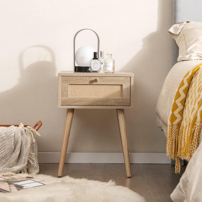 Set of 2 Natural Boho Nightstand with Rattan Drawer and Solid Wood Legs for Bedroom