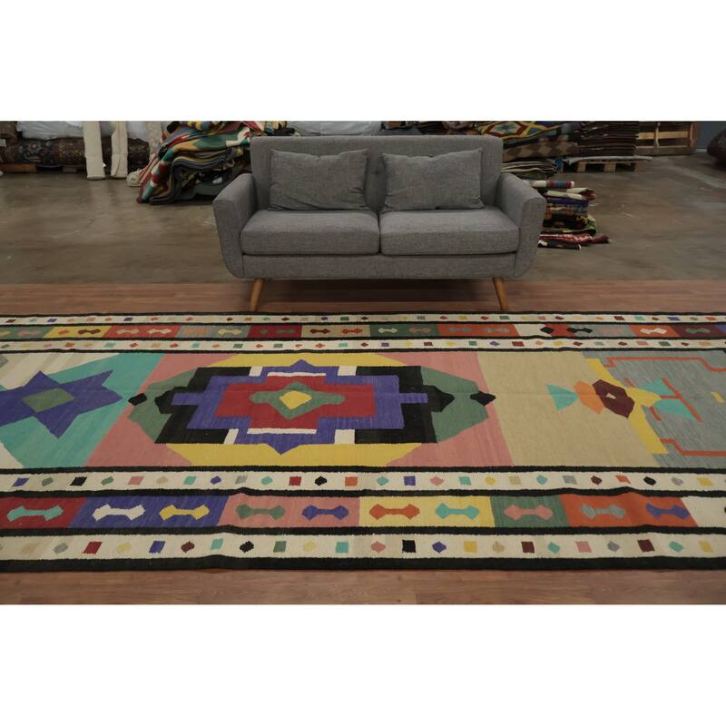 Hand Woven Oriental 100% Wool Carpet Southwestern Tribal Multi-Colored Kilim Area Rug - 14' 6'' X 6' 2''