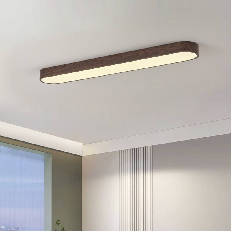 Modern Linear Flush Mount Ceiling Light Matte White Metal with Wood Grain Accent Milky White Diffuser