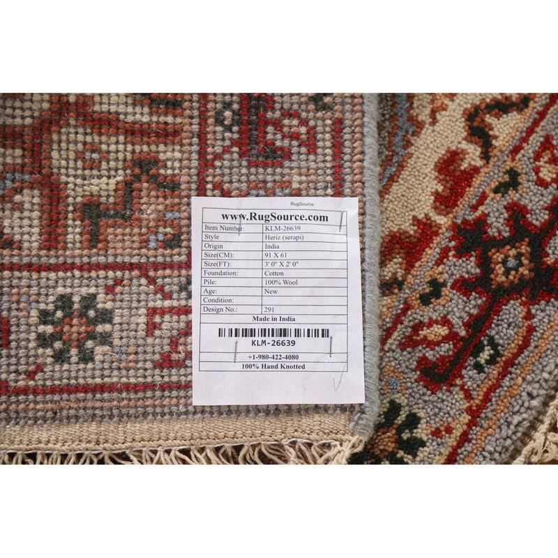 Geometric Grey Heriz Serapi Indian Rug Hand-Knotted Wool Carpet - 2'0"x 3'0"