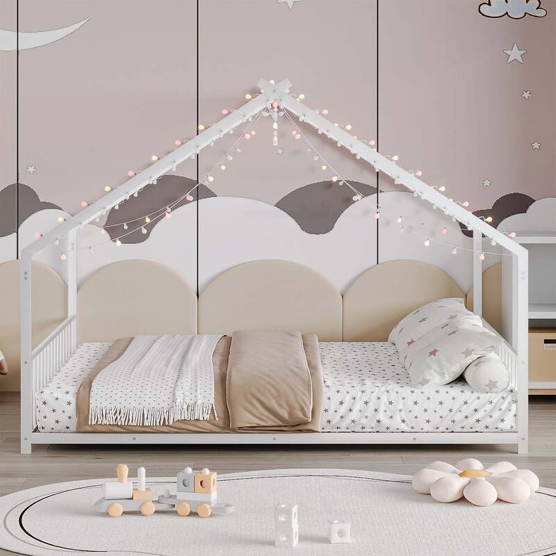 Platform Bed with LED light strips,roof-shaped iron frame,and low profile design for safety and style