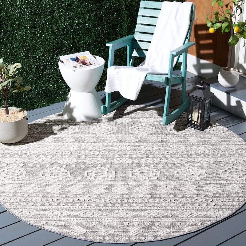 SAFAVIEH Global Elsche Moroccan Indoor/ Outdoor Waterproof Patio Backyard - 6'7" x 6'7" Round - Grey/Ivory - Round