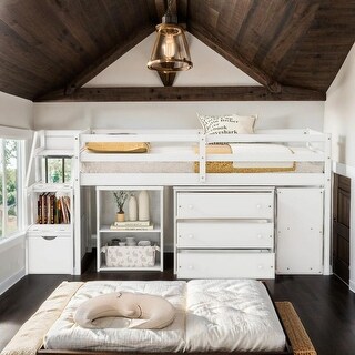 Artsy Full Size Loft Bed with Retractable Writing Desk and 3 Drawers, Wooden Loft Bed with Storage Stairs and Shelves, White