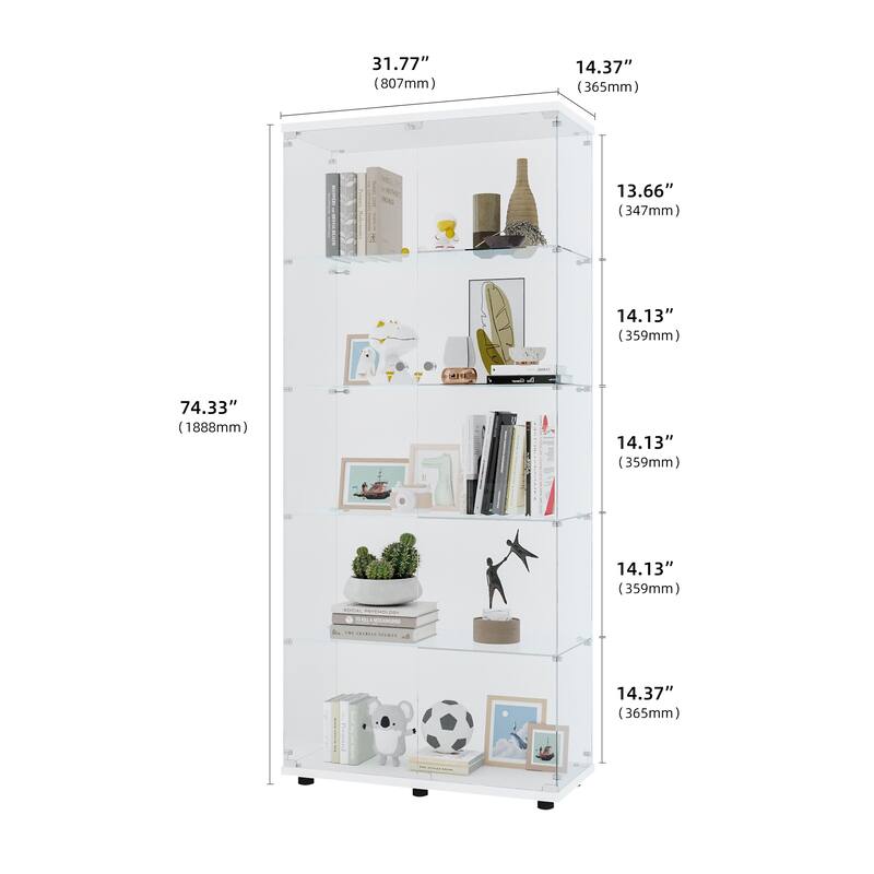 Glass Display Cabinet with 5-Shelves & 2 Doors, Floor Standing Curio Bookshelf, for Living Room Bedroom Study or Collection Room