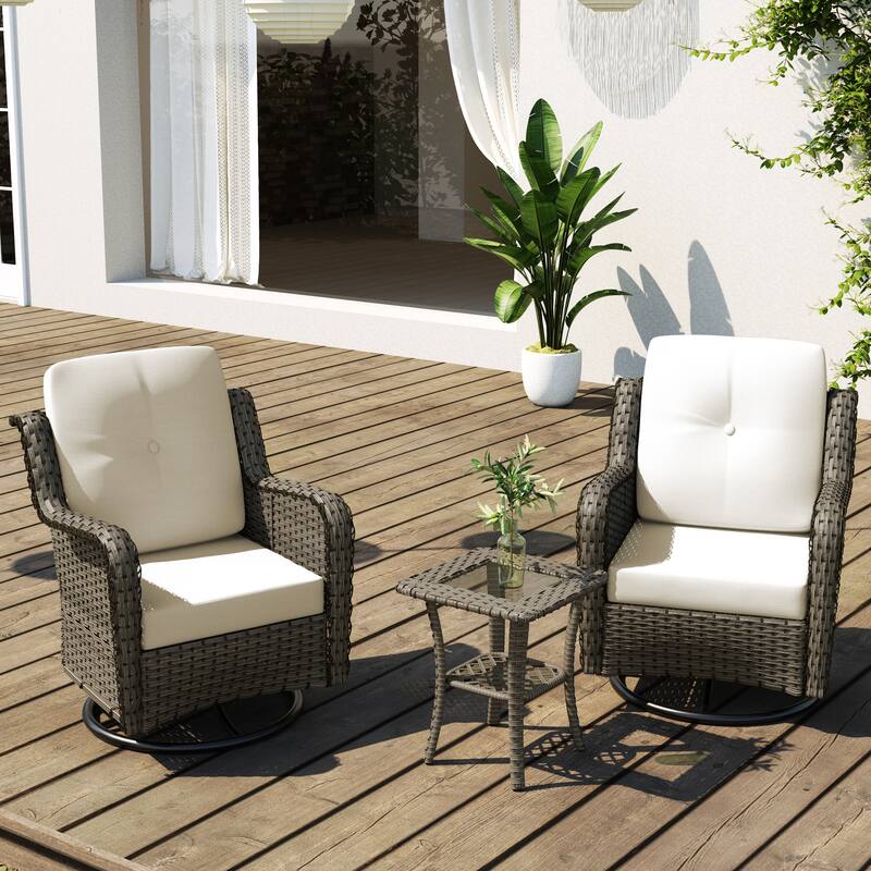 3 Pieces Patio Furniture Rocking Set with Rattan Side Table - Beige 3Piece