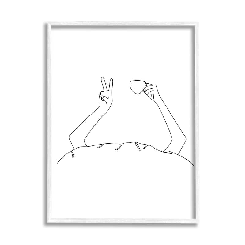 Stupell Coffee In Bed Peace Sign Minimal Line Drawing Framed Wall Art - 16 x 20 - White