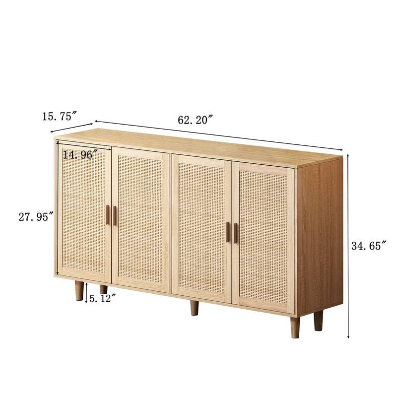 62.20" Modern Rattan Decorative Storage Cabinet with Solid Wood Legs, 4 Doors, Adjustable Shelves Versatile for Home,Office
