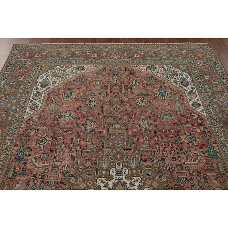 Pink Geometric Tabriz Vintage Persian Area Rug Handmade Wool Carpet - 6'5" x 9'9"