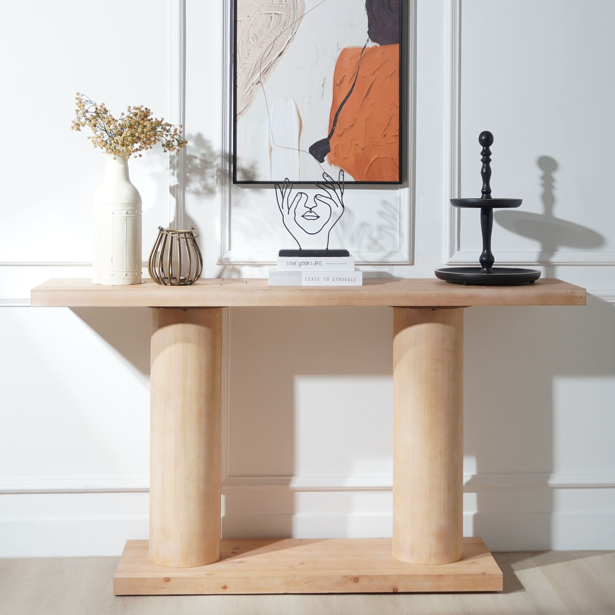 Roomfitters Modern Console Table with Column Pedestal, 59" Minimalist Entryway Desk, Engineered Wood, Natural Finish