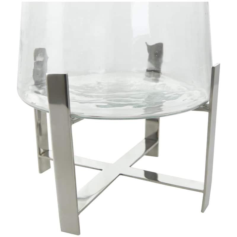 Stainless Steel Metal Hurricane Lamp with Stainless Steel X Shaped Base - Clear - Roche River Decor