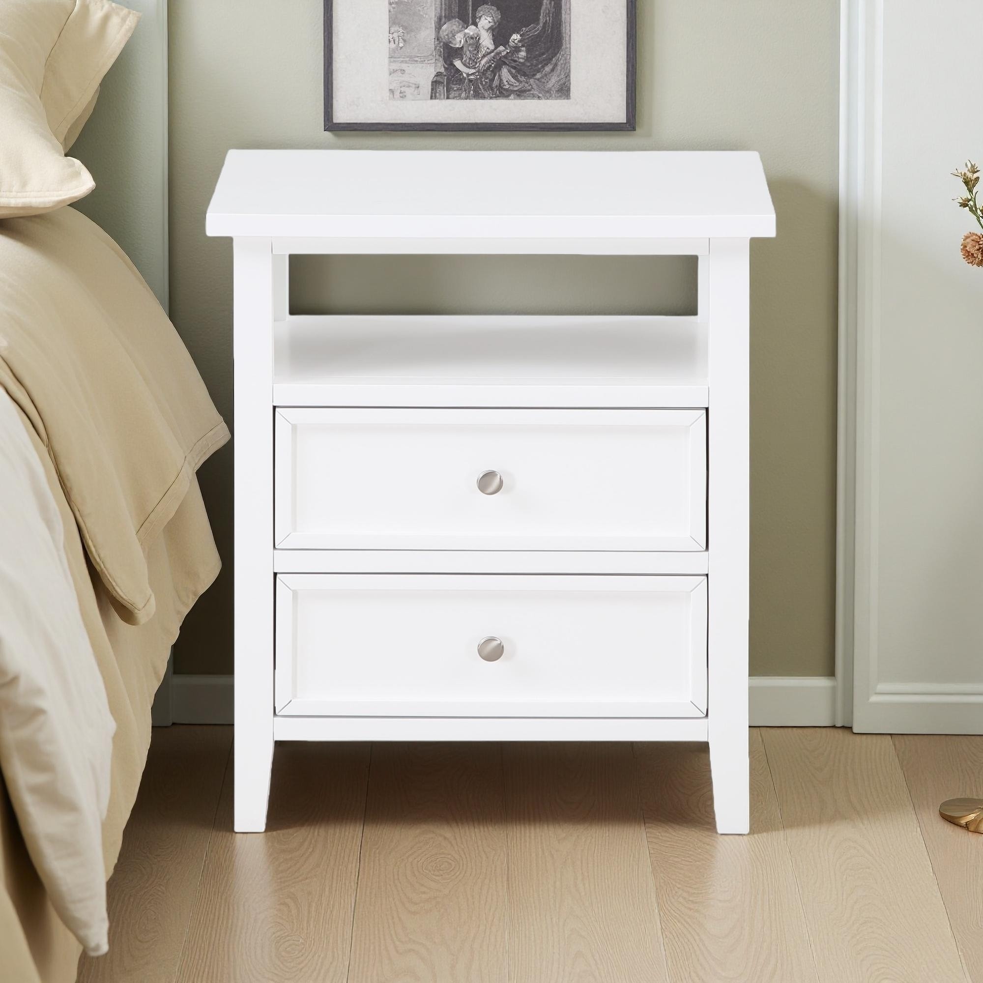 22.75"L 2-Drawer Nightstand with French Dovetail Drawers, Nickel Knobs, Open Shelf