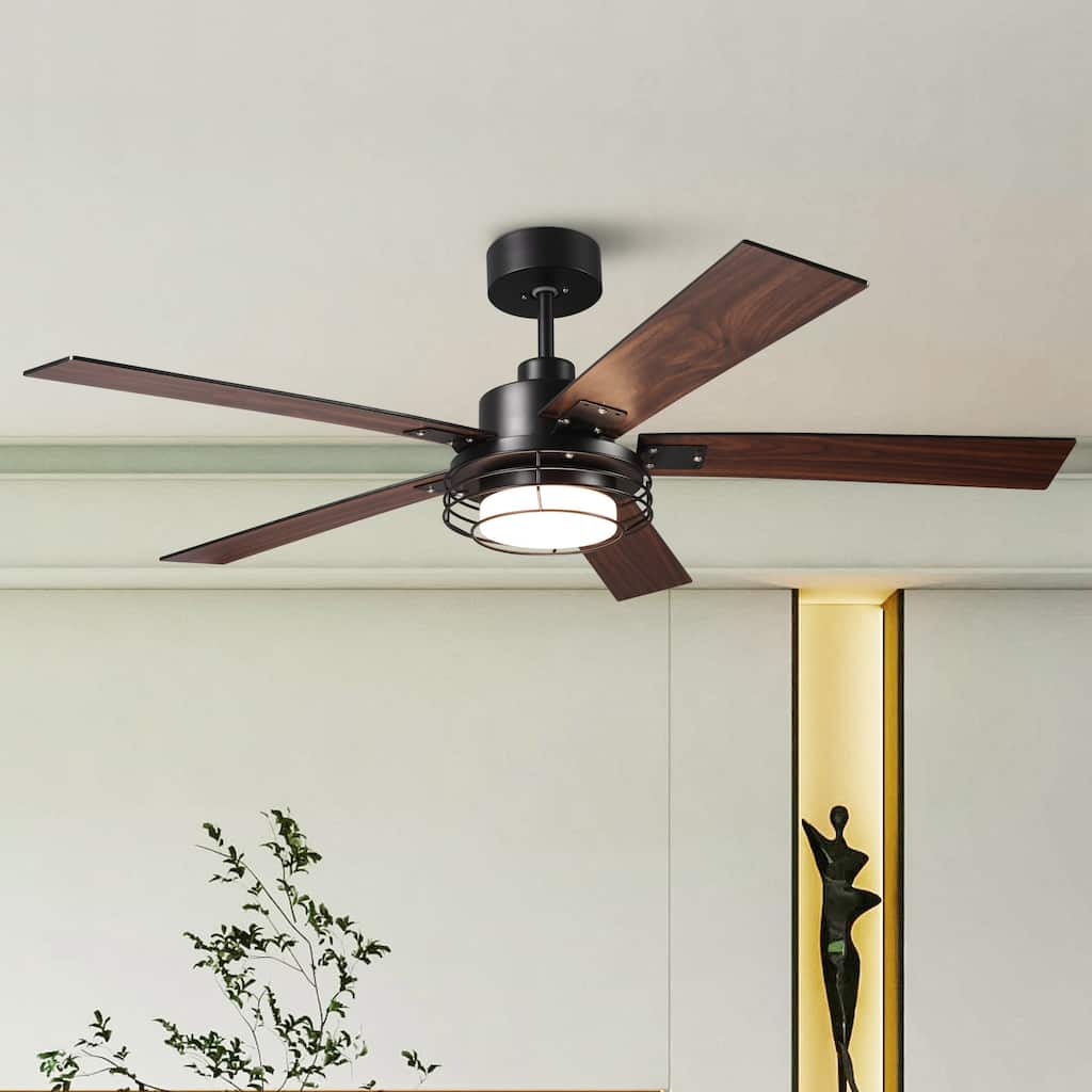 52-inch Industrial Black DC Motor Downrod Ceiling Fan with LED Light and Remote Control