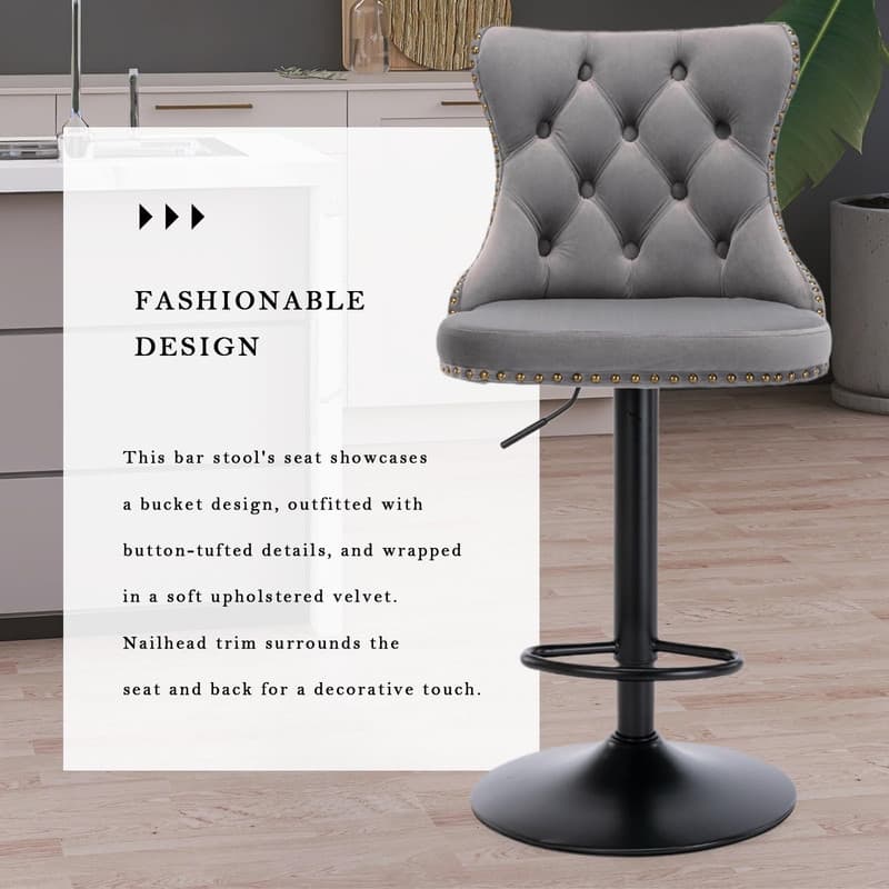 Velvet Upholstered Nailheads Tufted Swivel Bar Stools (Set of 4)