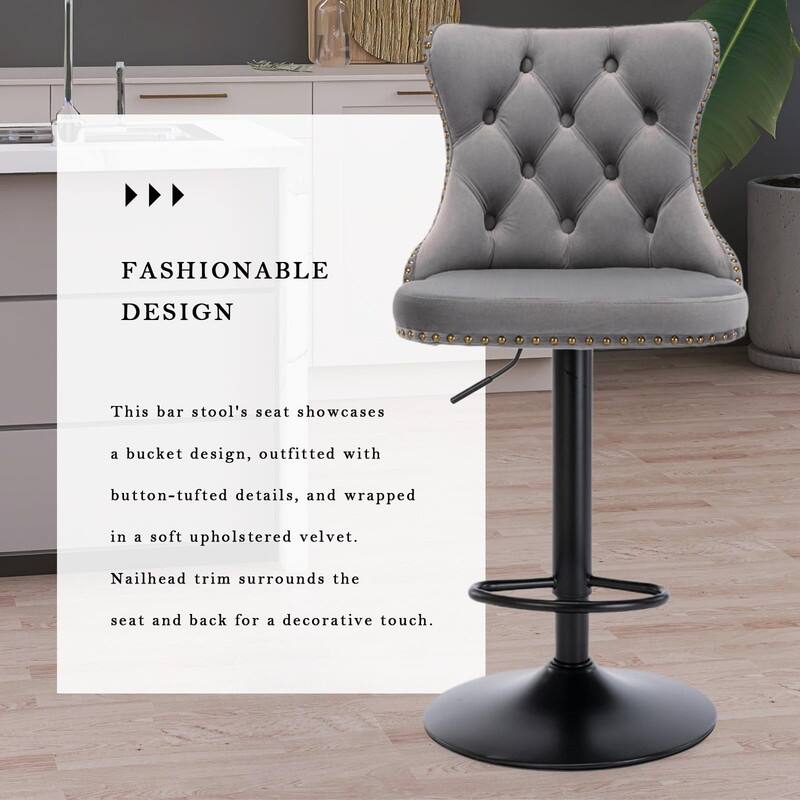 Velvet Upholstered Nailheads Tufted Swivel Bar Stools (Set of 6)