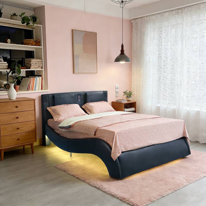 King/Queen Faux Leather Platform Bed with LED, Bluetooth Speakers & Backrest Massage