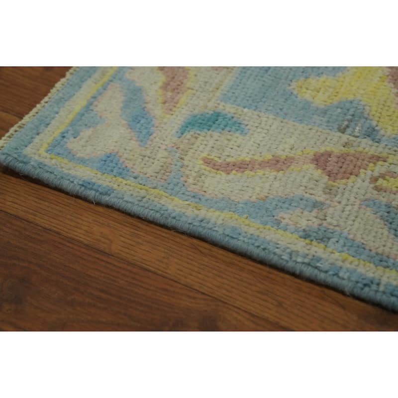 Handmade Blue Floral Oushak Vegetable Dye Area Rug, Medallion Carpet - 9' 9'' X 8' 2''