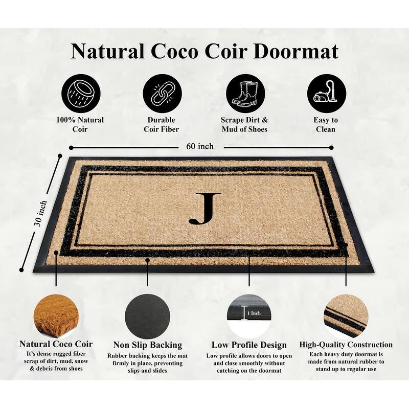 A1HC Natural Coir & Rubber Non Slip Thin Profile Front Door Large Monogrammed Door Mats 30x60 Inches