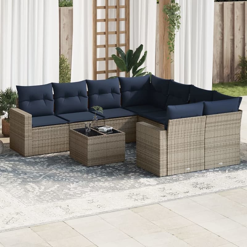 vidaXL Patio Sofa Set with Cushions Outdoor Furniture 9 Piece Poly Rattan - 25.8" x 24.4" x 27.2" - Beige and gray