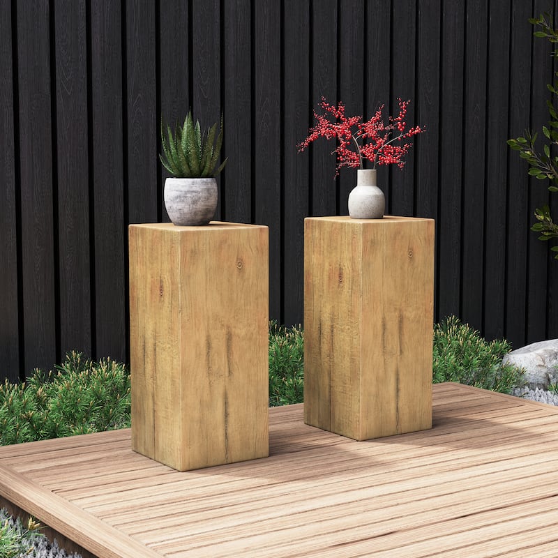 Distressed Wood-Effect End Table • Square Column Design in Multi-Height Set • Weather-Resistant for Indoor & Outdoor Decor