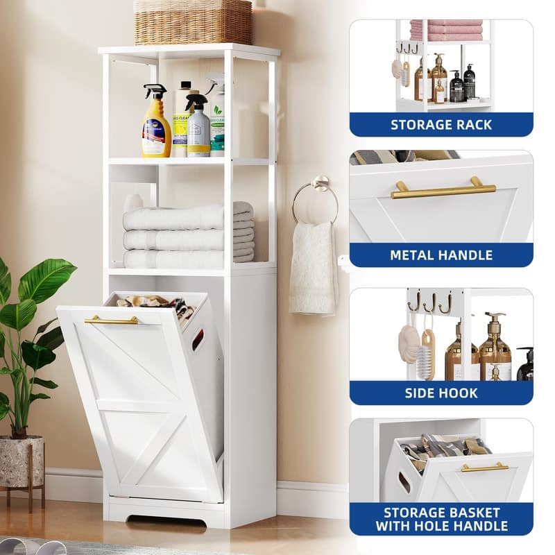 Moasis 53"H 3-Tier Tilt Out Laundry Hamper Bathroom Storage Shelf Cabinet with Basket