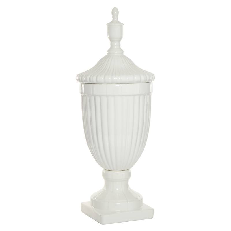 White Ceramic Tall Fluted Urn Living Room Decorative Jars with Grooves and Lid