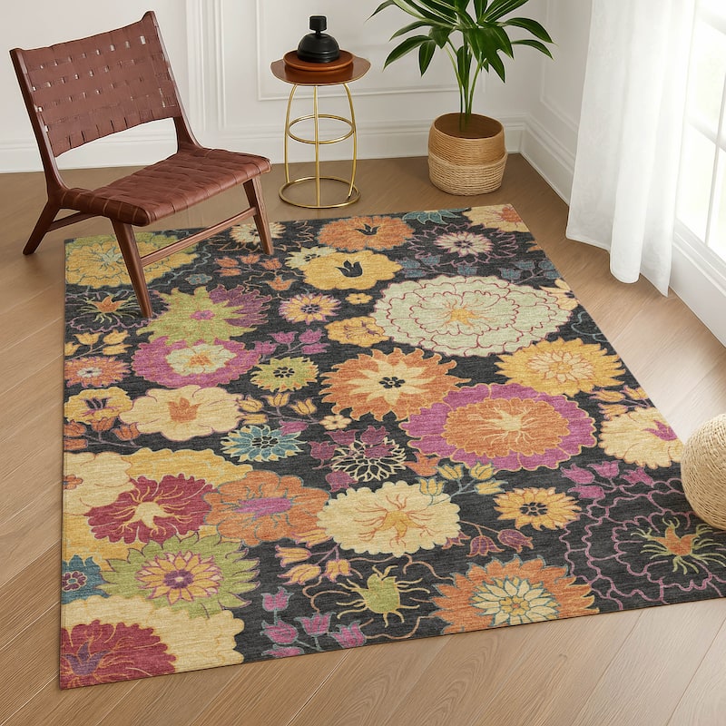 Machine Washable Indoor/ Outdoor Modern Floral Chantille Rug
