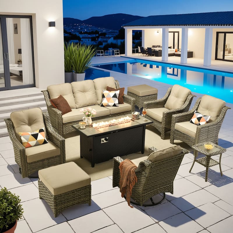 OVIOS 9 Pieces Outdoor Swivel Chairs Set with 54" Fire Table​ - Beige