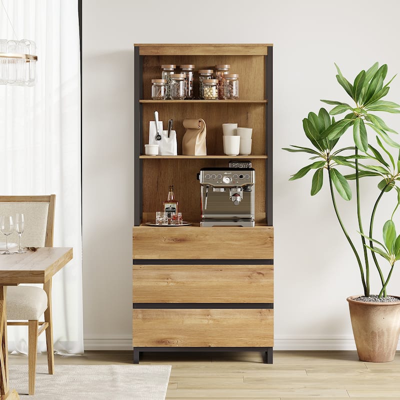 WAMPAT Modern 72" Tall Bookcase with Drawers and Open Book Shelfs, Library Book Shelf for Home Office, Living Room