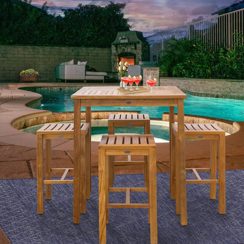 Chic Teak 5 Piece Teak Wood Havana Patio Bistro Bar Set with 35" Square Table & 4 Barstools