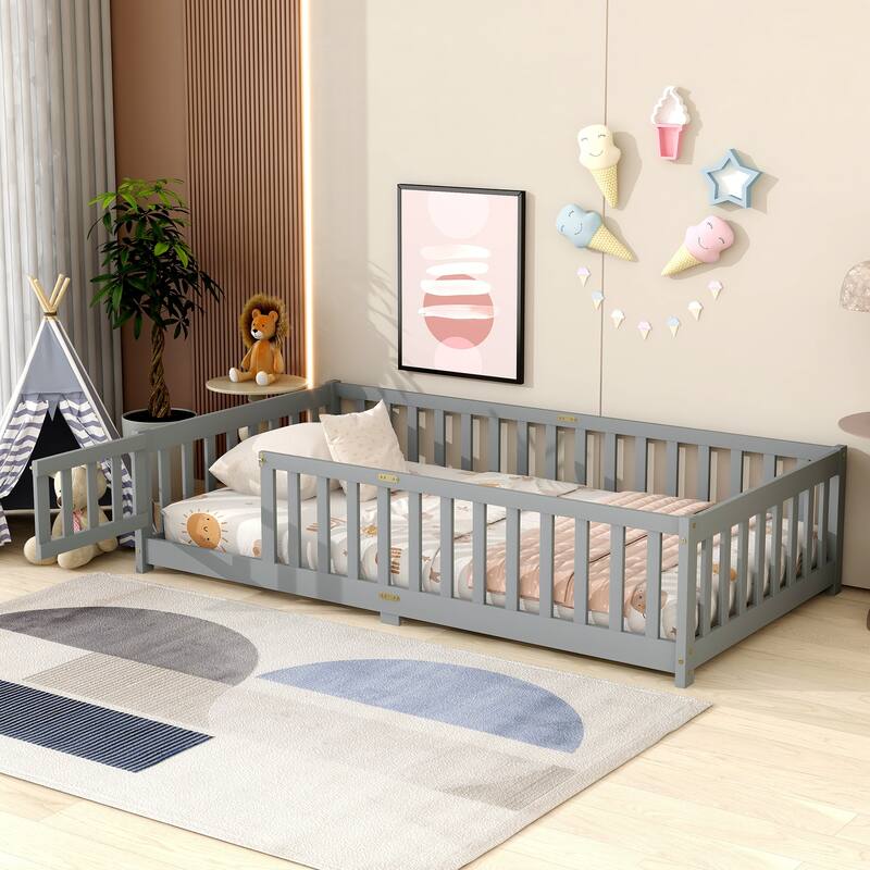 Twin Size Floor Bed with Fence and Door, Rubber Wood Floor Bed with Safety Guardrails
