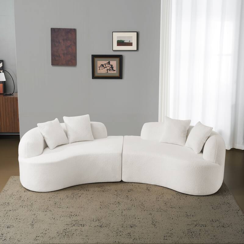 Teddy Velvet Fabric Curved Sofa, Full Compression Modular 4 Seater Sofa, High-Density Foam Upholstered Lounge Sofa - White