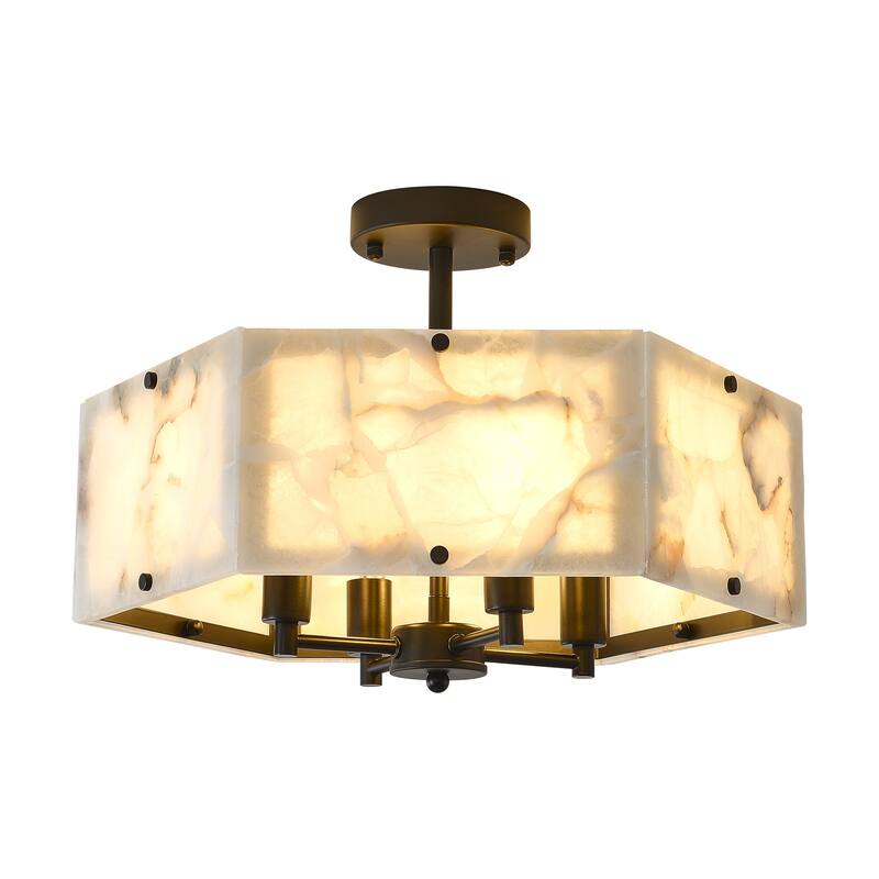 4 - Light Mid - Century Modern Alabaster - Look Octagonal Semi Flush Mount - Matte Black