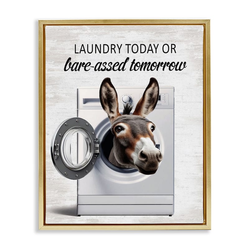 Stupell Sassy Laundry Donkey Pun Framed Floater Canvas Wall Art Design By Lettered and Lined - 17 x 21 - Gold