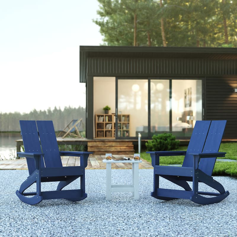 2 Modern Dual Slat Poly Resin Adirondack Rocking Chairs with Side Table ...