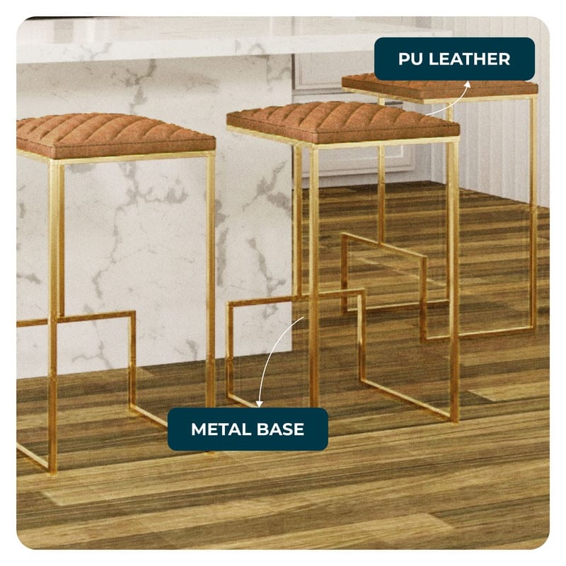 Quincy Modern Leather Barstool with Upholstered Square Seats in Gold Metal & Footrest for Home Bar & Kitchen Counter