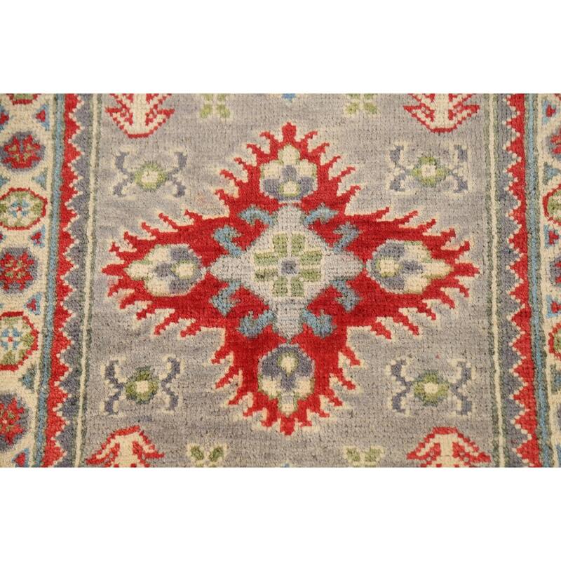 Geometric Kazak Oriental Foyer Rug Hand-Knotted Grey Wool Carpet - 2'0" x 3'0"