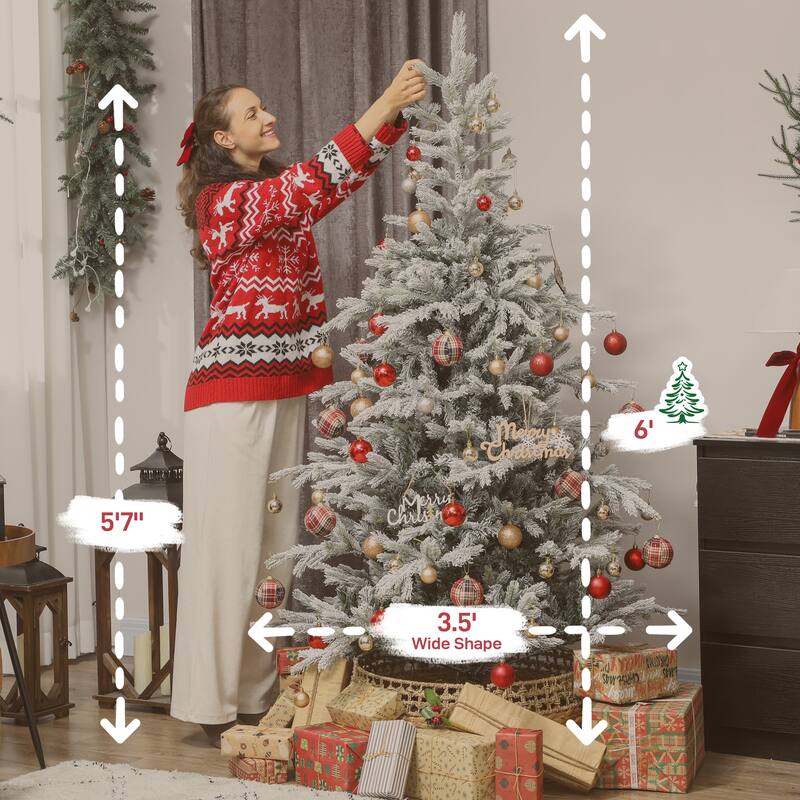 HOMCOM 6 ft Artificial Frosted Christmas Tree with Realistic Branches, Wide Full Spruce Holiday Decor, Hinged Xmas Tree