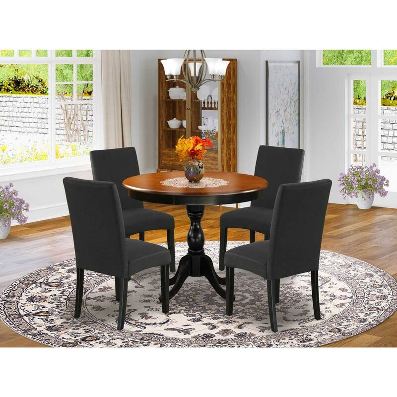 HomeStock 5-Piece Round Black and Cherry Finish Solid Wood Top Dining Table with 4 Parson Chair